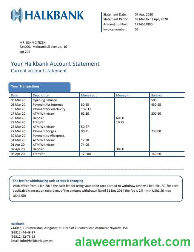 Turkmenistan Halkbank proof of address bank statement template in Word and PDF format, .doc and .pdf format